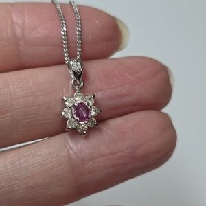vintage pink gemstone sterling silver 925 halo floral delicate pendant necklace